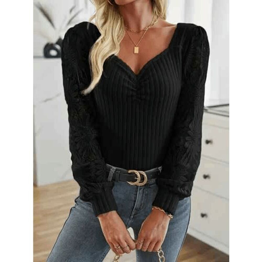 Lace Floral Long Sleeve Sweetheart Neckline Blouse Top Shirt